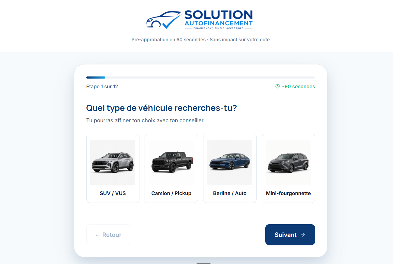 Aperçu de la landing page Solution Autofinancement, formulaire progressif étape 1 de 12 avec sélection du type de véhicule
