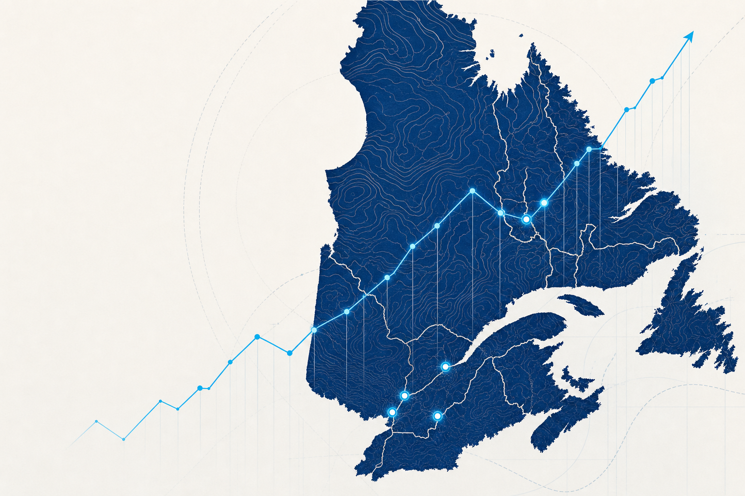Carte topographique du Québec avec courbe ascendante représentant la croissance du financement subprime auto en 2026