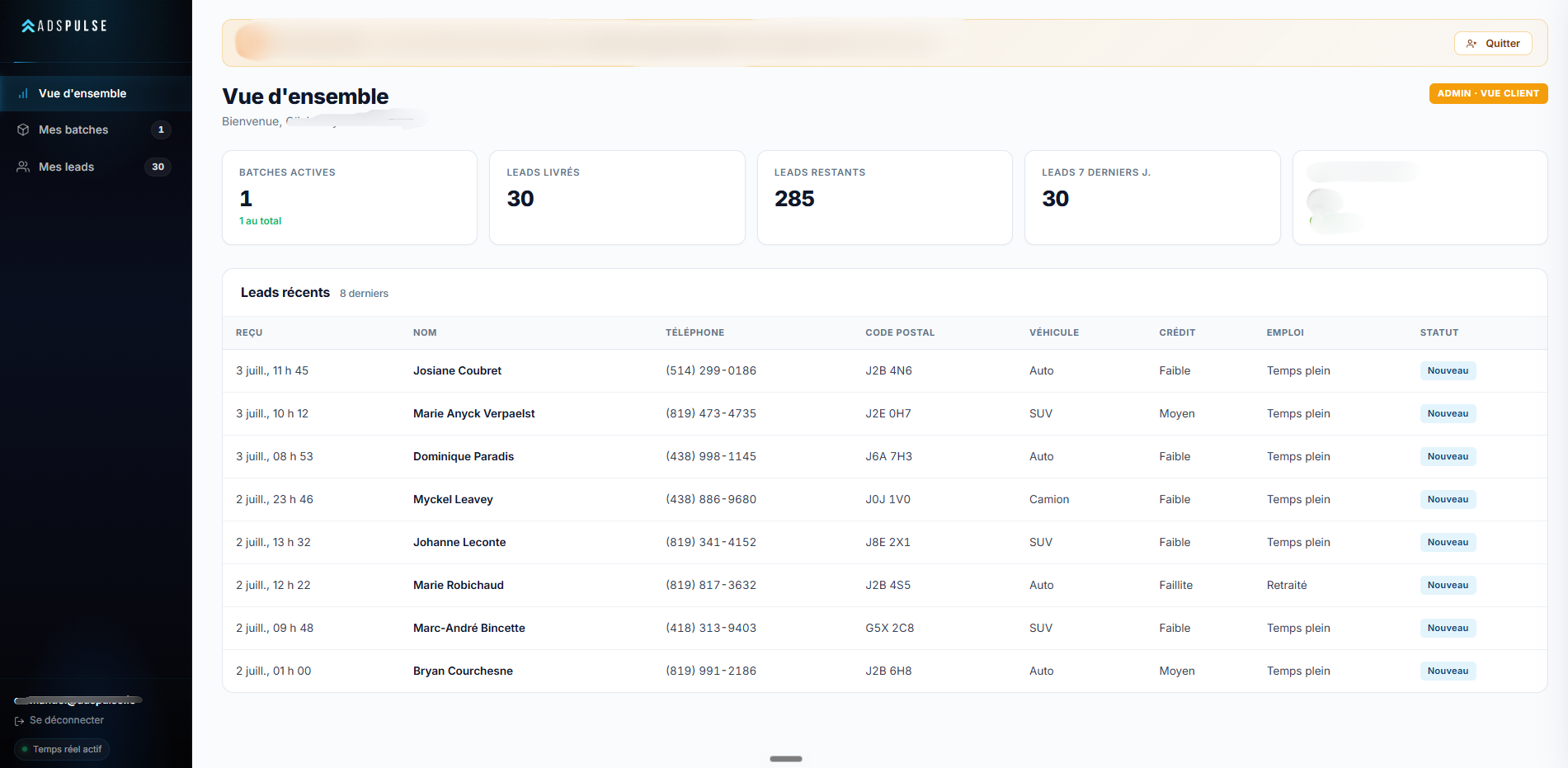 Tableau de bord Acquisition Auto : vue d'ensemble avec KPIs (batches actives, leads livrés, leads restants, taux de conversion) et table des leads récents